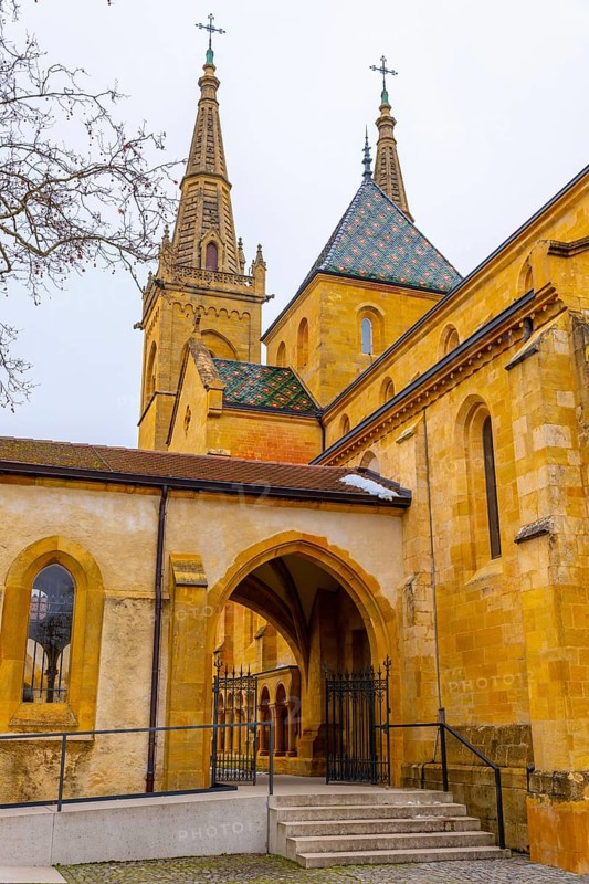 Beautiful Cathedral Collégiale de Neuchatel and Branch with Sky in City of Neuchatel, Canton Neuchatel, Switzerland