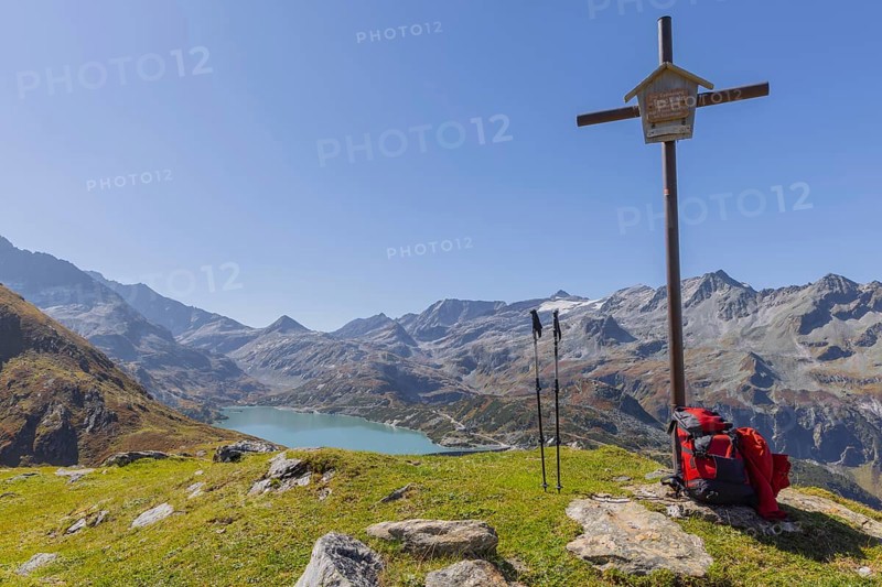 Landscape panorama, summit cross, hiking area, Uttendorf Pinzgau, Tauernmoossee lake