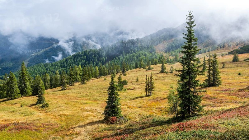 Colourful landscape with fog in autumn, Schladminger Tauern, Schladming, Styria, Austria