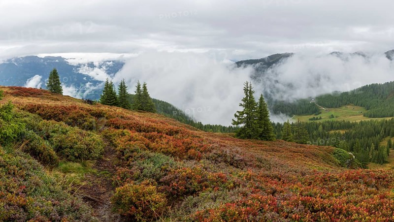 Colourful landscape with fog in autumn, Schladminger Tauern, Schladming, Styria, Austria