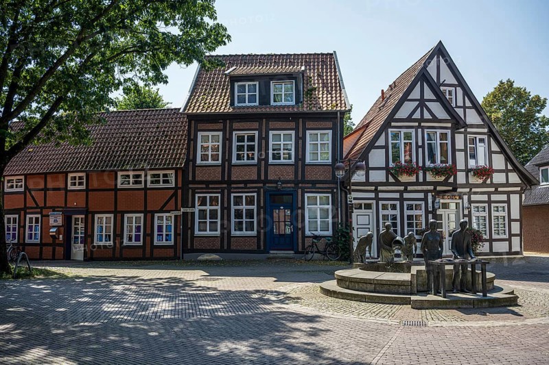 Row of traditional half-timbered houses along a quiet, cobbled street in summer, Weser cycle path, Nienburg Weser district, Nienburg Weser, Lower Saxony, Germany