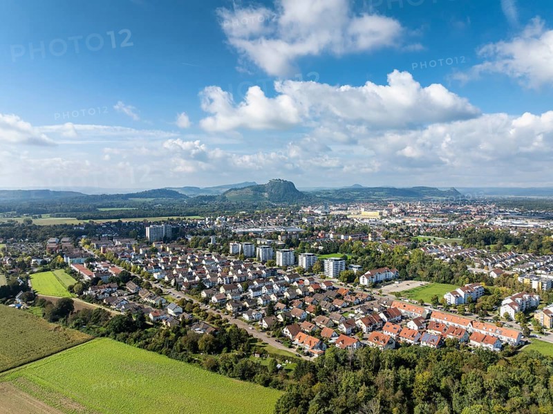 Aerial view of the town of Singen am Hohentwiel, on the horizon the Hegau Mountains, district of Constance, Baden-Württemberg, Germany