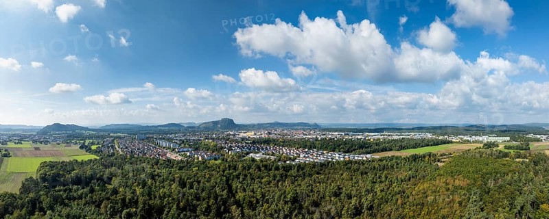 Aerial view, panorama of the town of Singen am Hohentwiel, on the horizon the Hegau mountains, district of Constance, Baden-Württemberg, Germany
