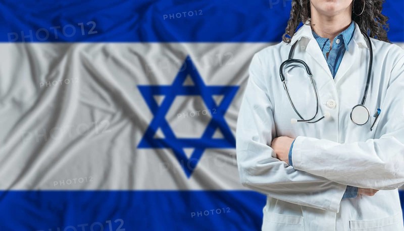 Medical professional on Israel flag. Healthcare and wellness in Israel, Concept