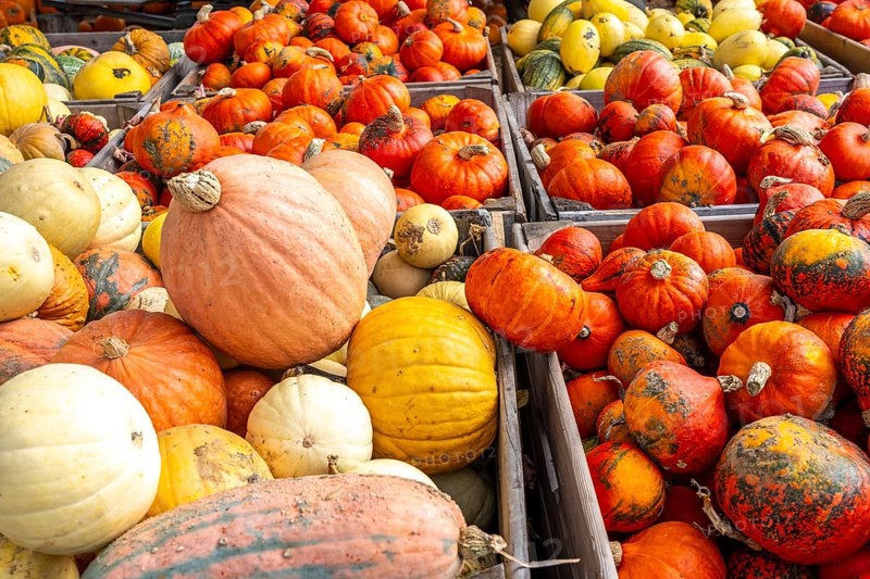 Various pumpkins, at a farm market, in autumn