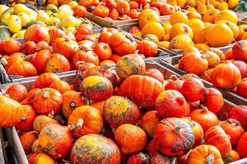 Various pumpkins, at a farm market, in autumn
