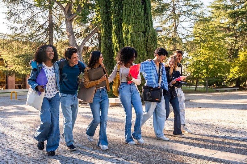 Group of young diverse students walking arm in arm, smiling and chatting while carrying books and bags on university campus, embodying friendship, diversity, and education outdoors