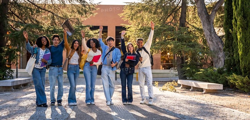 Group of young, happy, diverse university students standing together, raising their hands in celebration of academic success and friendship on college campus