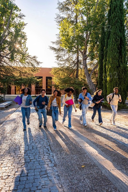 Group of diverse university students hurrying with textbooks and backpacks on a cobblestone path, expressing joy and energy under morning sunlight on campus