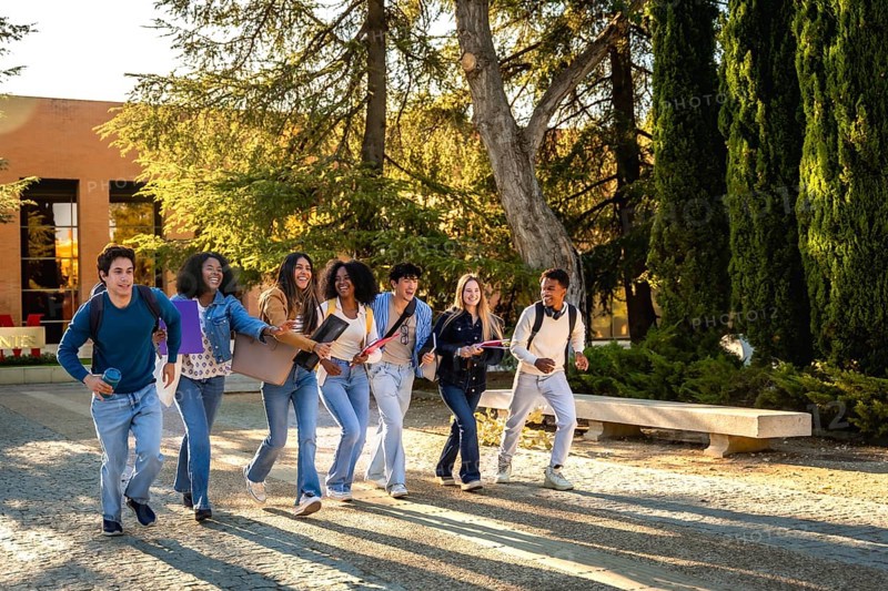 Diverse group of happy university students walking and talking together on campus, carrying books and backpacks, representing education and friendship