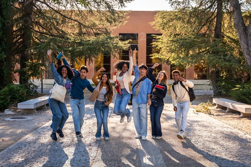Group of excited multi ethnic students celebrating success and friendship, walking and jumping on a college campus with books and backpacks under the warm sunlight