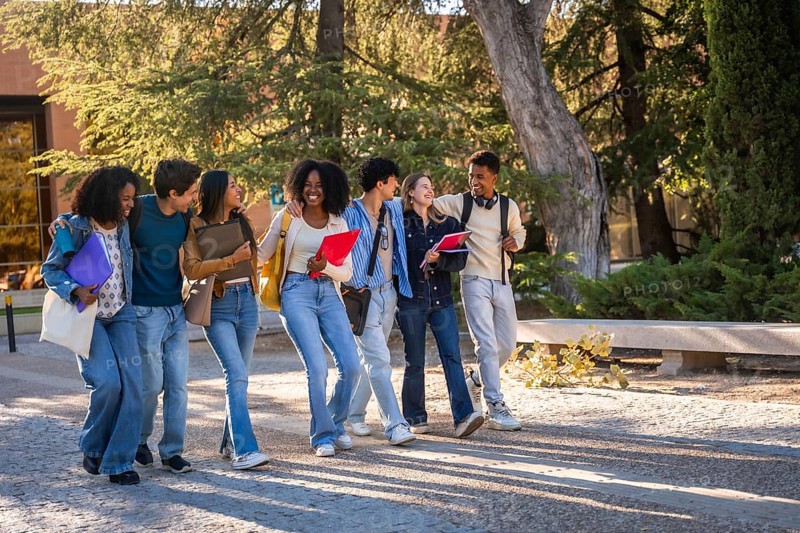 Group of multicultural university students walking and talking cheerfully together, carrying books, a backpack, and folders while enjoying their time on campus after class