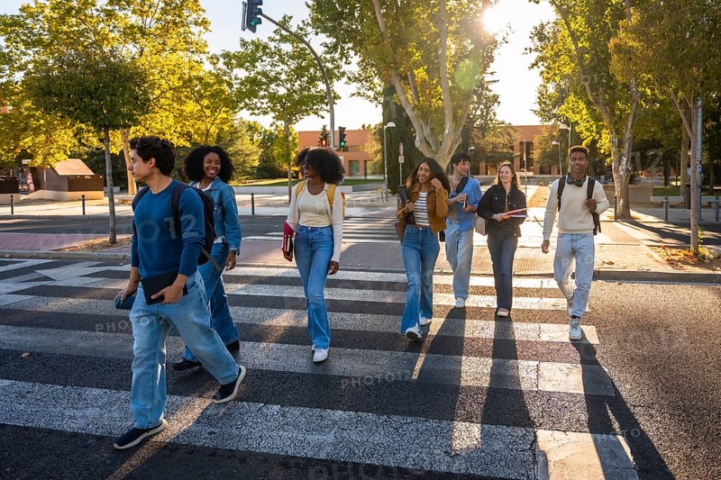 Group of multi ethnic university students walking together across a crosswalk on a sunny day, carrying books and backpacks, representing education, friendship, and diversity