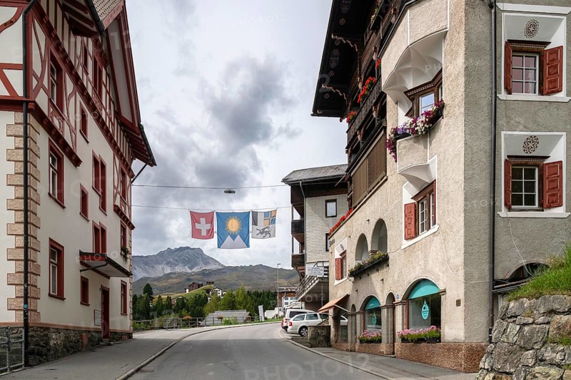 Dorfstrasse Flags Switzerland, Arosa, Graubünden, Arosa, Graubünden, Switzerland