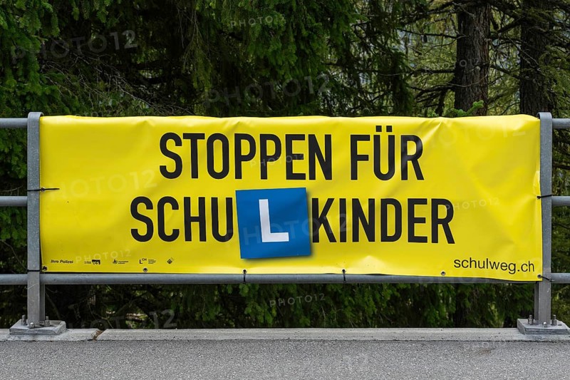 Stop advertising tarpaulin for schoolchildren, Arosa, Graubünden, Switzerland