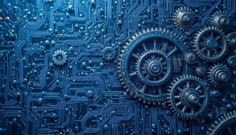 A close-up of a blue circuit board design with intricate details, combined with mechanical gears, creating a futuristic and technological aesthetic, AI generated