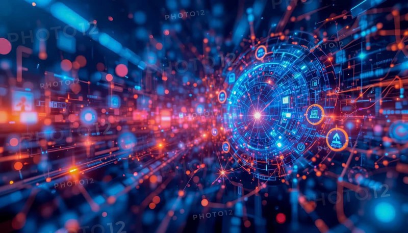 An abstract, high-tech illustration showcasing a complex network of interconnected data streams and digital elements, with a focus on technology and innovation, AI generated