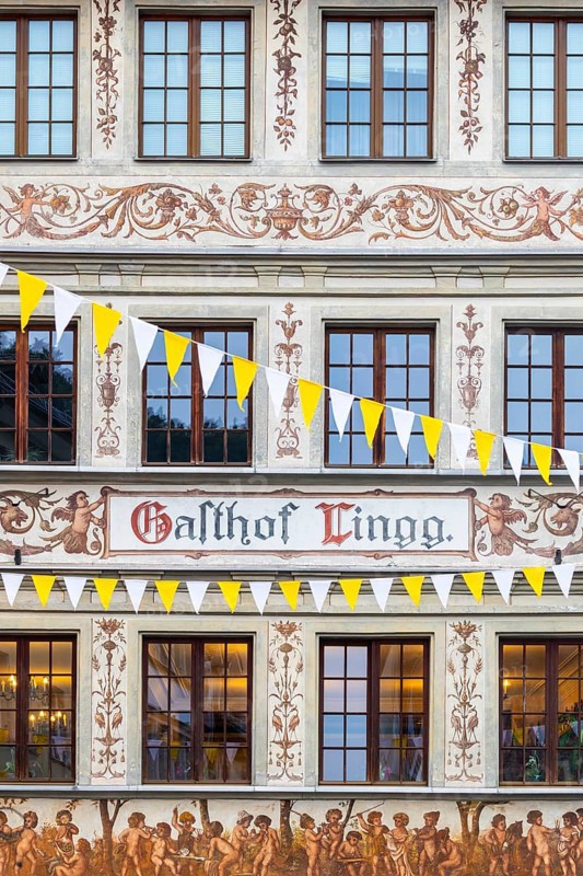 Lingg Inn, historic building, facade with painting, market square, Feldkirch, Vorarlberg, Austria