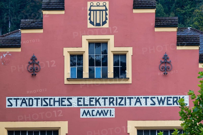Façade with lettering, historic building, municipal power station, Mühletorplatz, Feldkirch, Vorarlberg, Austria