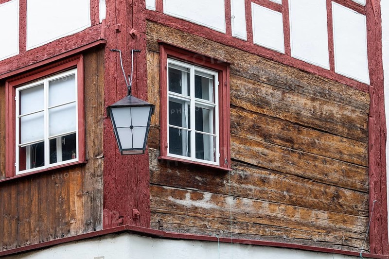 Half-timbered house, façade, historic lantern, Feldkirch, Vorarlberg, Austria