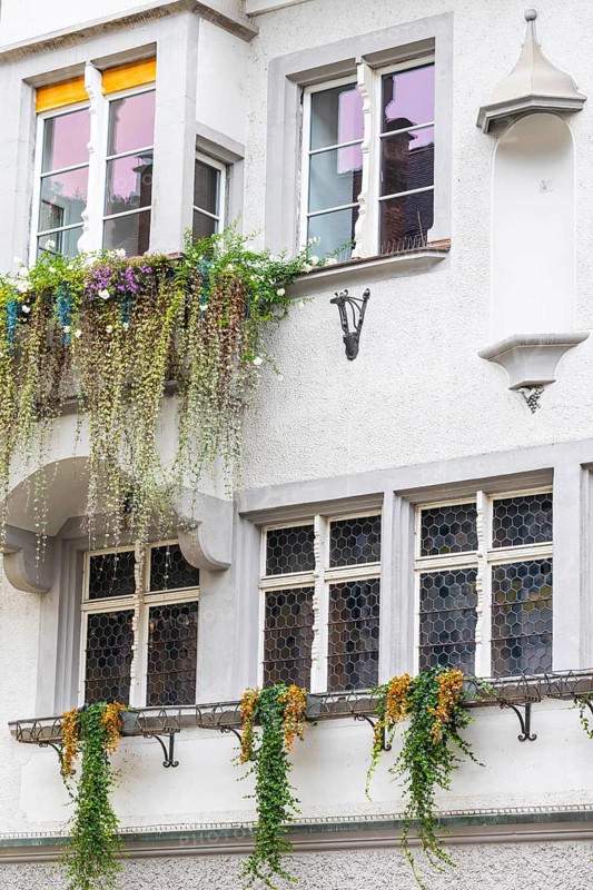 Façade, floral decoration, historic building, market square, Feldkirch, Vorarlberg, Austria