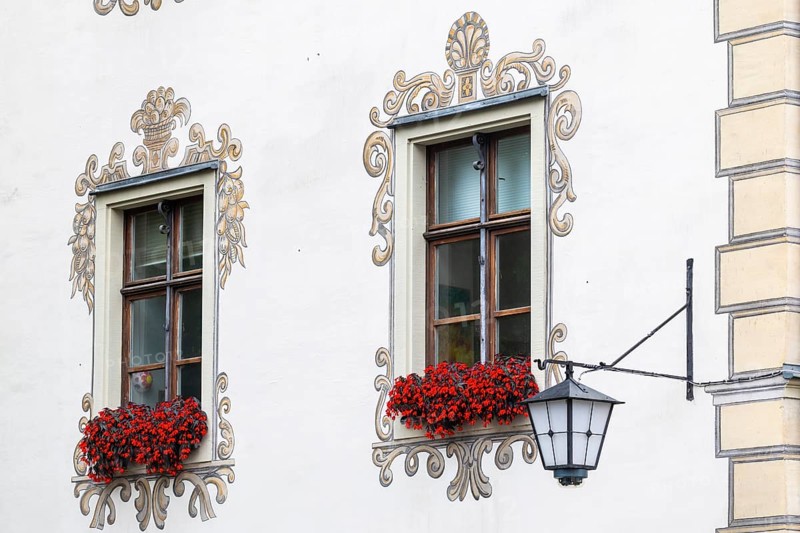 Palais Lichtenstein, historic building, facade with painting, historic lantern, Herrengasse, Feldkirch, Vorarlberg, Austria