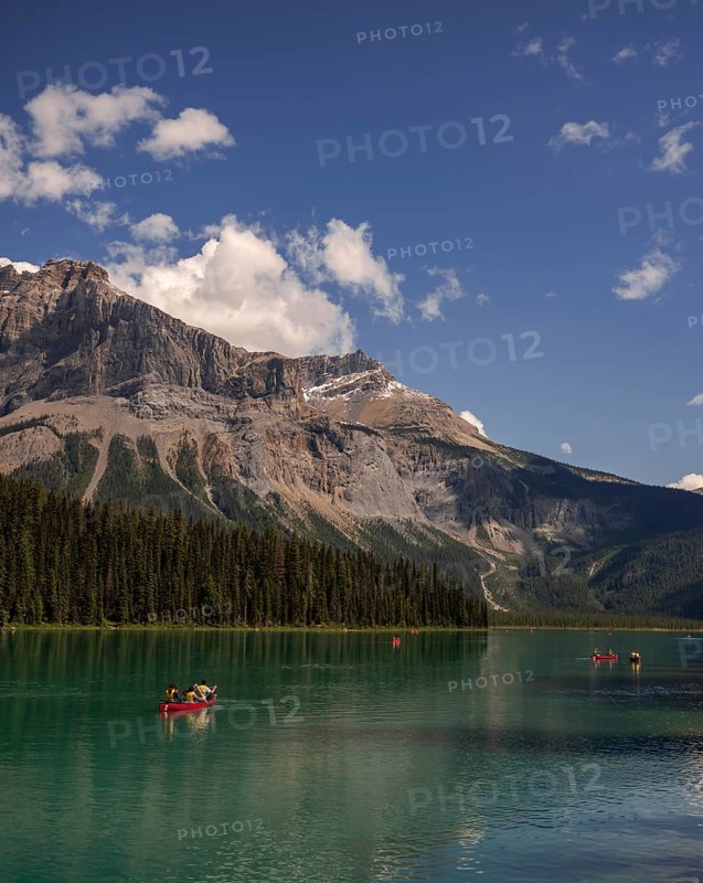 Canoes gliding across Emerald Lake with forested Canadian Rocky Mountains and a clear sky backdrop within Yoho National Park in Alberta, Canada, North Canada