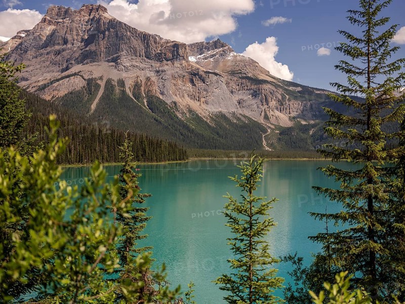 Emerald Lake with lush greenery and the rugged Canadian Rocky Mountains within Yoho National Park in Alberta, Canada, North Canada