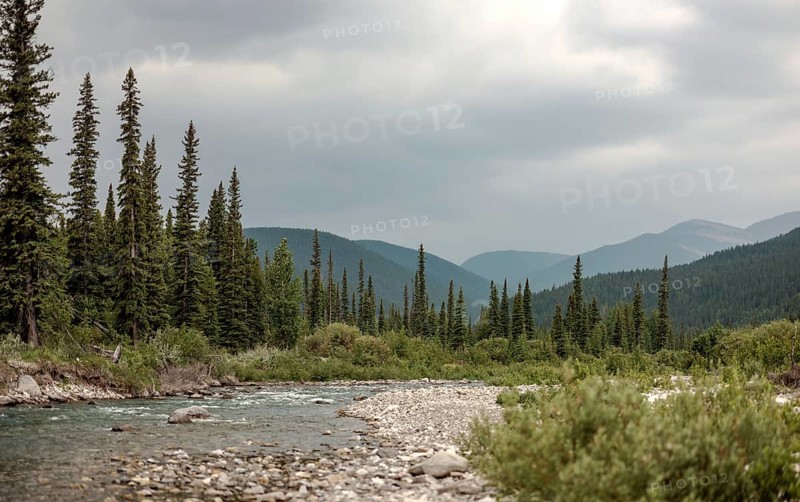 Peaceful riverbank scene of the Elbow River with trees and mountains under a cloudy sky within Bragg Creek Provincial Park, in Alberta, Canada, North America
