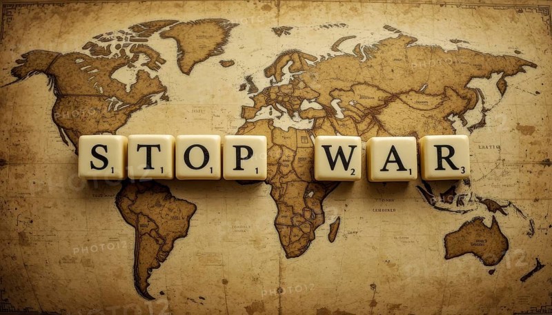 The words 'STOP WAR' are spelled out with letter tiles on a detailed, antique-style world map, conveying a message of peace, AI generated