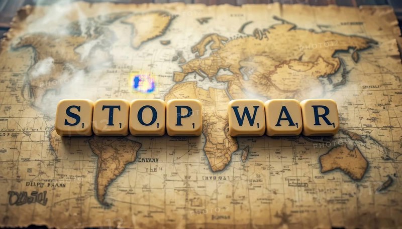 The image features the words 'STOP WAR' spelled out on letter tiles, placed over a vintage world map, conveying a message of peace, AI generated