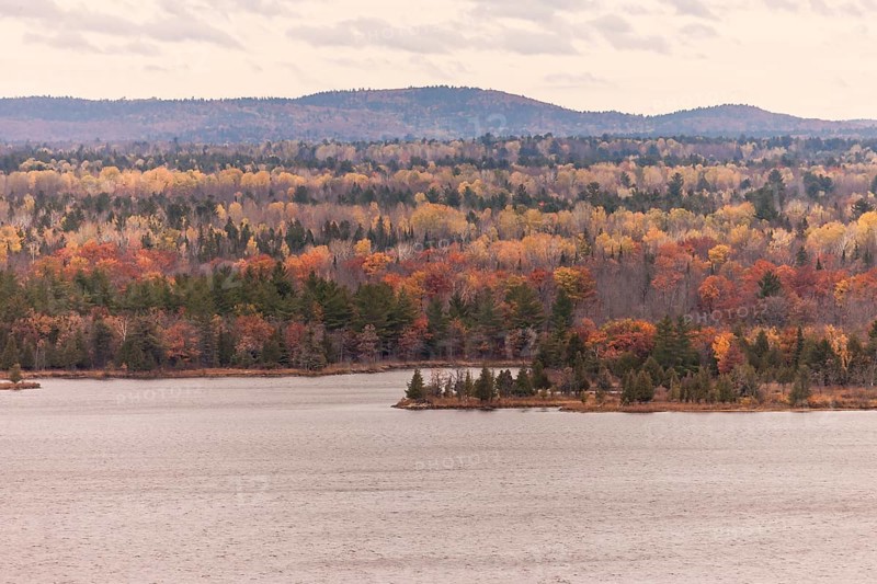 Autumn colors dominate a forest landscape by the Ottawa River with distant hills in Ottawa, Ontario, Canada, North America