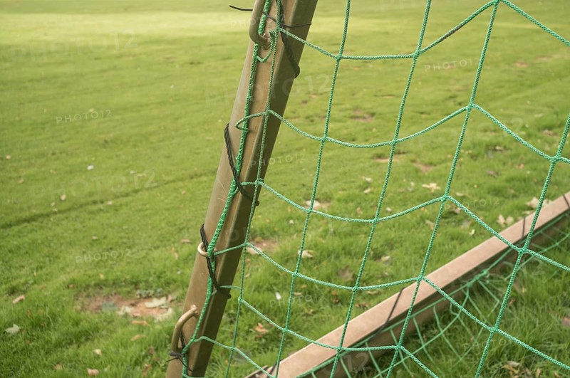 Borken, NRW, Germany, Soccer goal net showing a green field for playing football