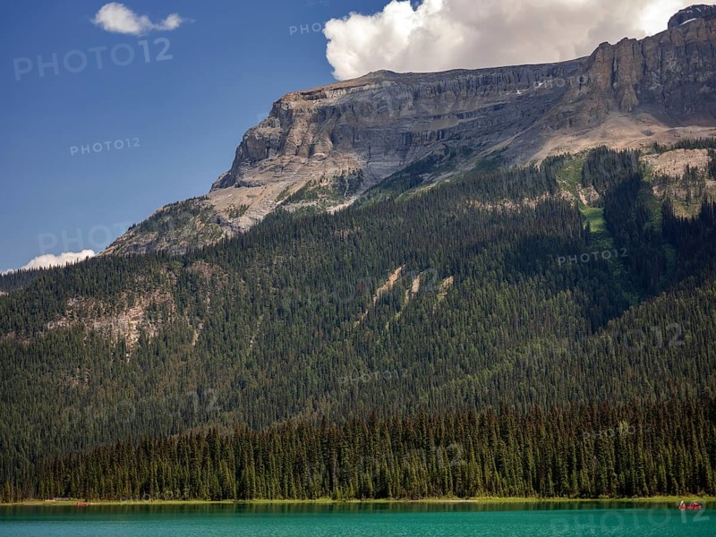 Tranquil Emerald Lake with clear blue water and forested mountains of the Canadian Rocky Mountains in the background inside Yoho National Park, British Columbia, Canada, North America