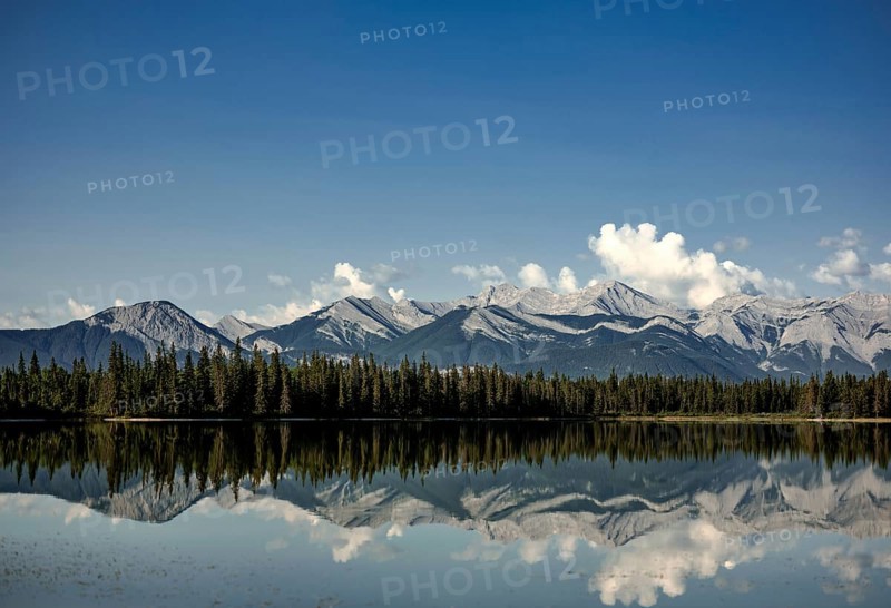 Tranquil lake mirroring mountains of the Canadian Rocky Mountains and sky, with pine forest and scattered clouds near Canmore, Alberta, Canada, North America