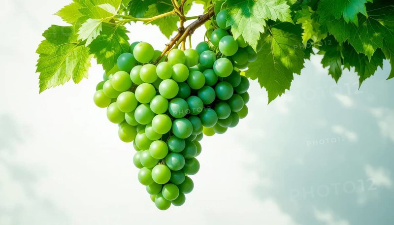 The image showcases a close-up of a bunch of fresh, green grapes, with leaves, against a bright sky. The grapes are ripe and ready to be harvested, AI generated