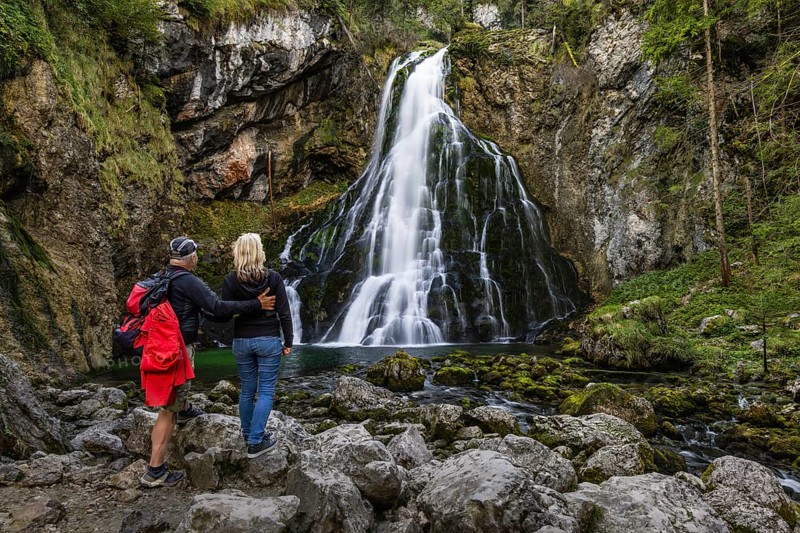 Landscape, Gollinger waterfall, autumn colours, hiker