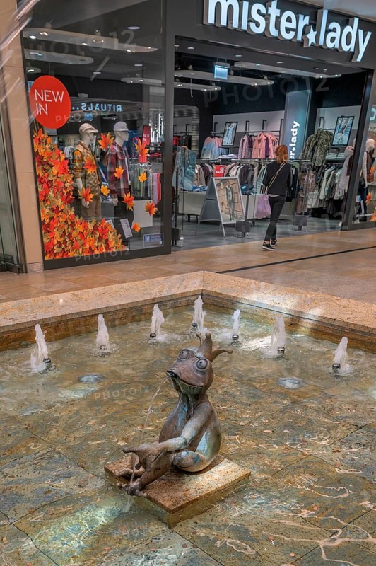 Fashion shop and fountain with frog king and coins in Forum Allgäu, Kempten, Allgäu, Swabia, Germany