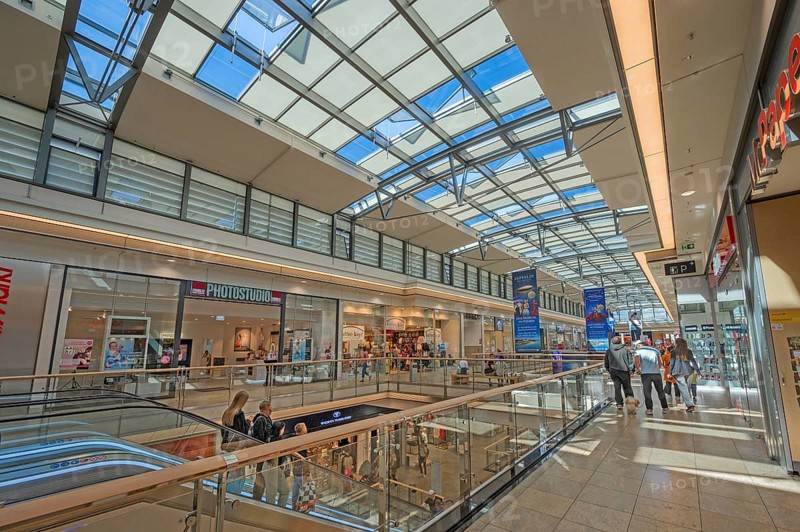 Shops, escalator and skylight in Forum Allgäu, Kempten, Allgäu, Swabia, Germany