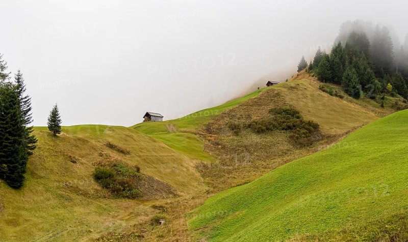Misty scenery around Warth, a municipality in the district of Bregenz in the Austrian state of Vorarlberg
