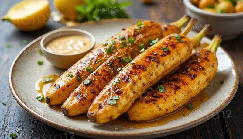 Delicious grilled plantains are served on a plate with a side of sauce, garnished with herbs, and lemons, AI generated