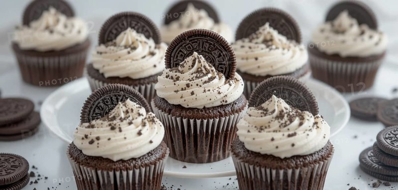 A close-up shot of several chocolate cupcakes topped with creamy frosting and Oreo cookies, perfect for dessert, AI generated