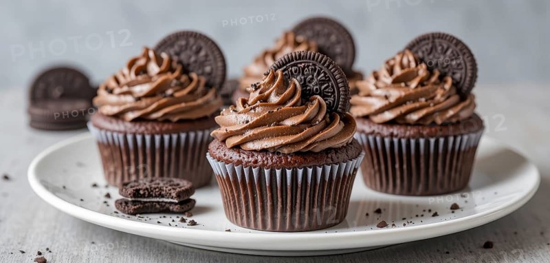 A close-up shot of several chocolate cupcakes with rich chocolate frosting and cookie decorations, perfect for dessert, AI generated