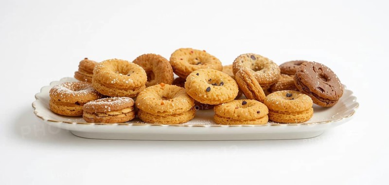 A variety of cookies, some with chocolate chips and powdered sugar, are arranged on a white, scalloped-edge plate against a clean white background, AI generated