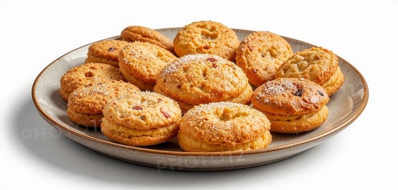 A plate of golden-brown cookies, possibly sandwich cookies, are presented on a neutral-toned plate against a white background, AI generated