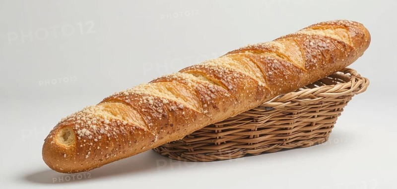 A golden-brown baguette, sprinkled with crumbs, rests in a woven wicker basket against a white background, ready to be enjoyed, AI generated