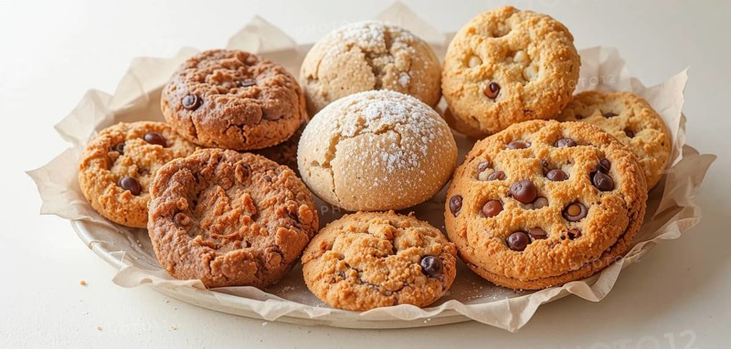 A variety of cookies, including chocolate chip and powdered sugar, are arranged on a plate with parchment paper, ready to be enjoyed, AI generated