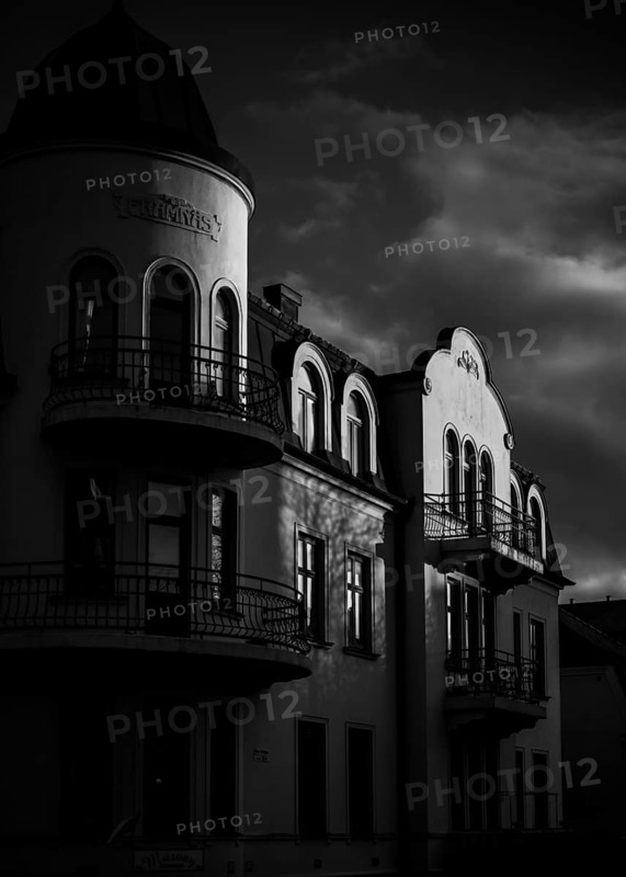 Historic European building in black and white with dramatic shadows and cloudy sky in Helsingborg, Sweden, Scandinavia, Northern Europe
