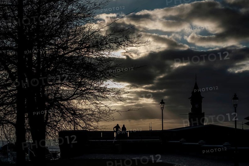Silhouette scene with tree, lampposts, and tower against a dramatic cloudy sky at sunset in Helsingborg, Sweden, Scandinavia, Northern Europe