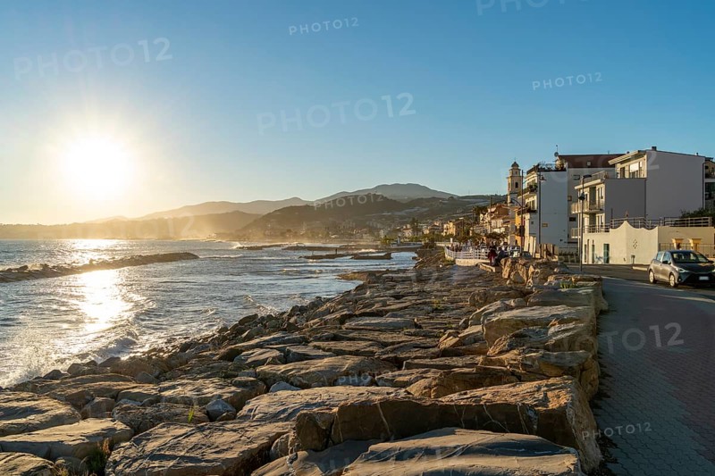 Idyllic seaside impression at evening time around Santo Stefano al Mare, a comune in the Province of Imperia in the Italian region Liguria